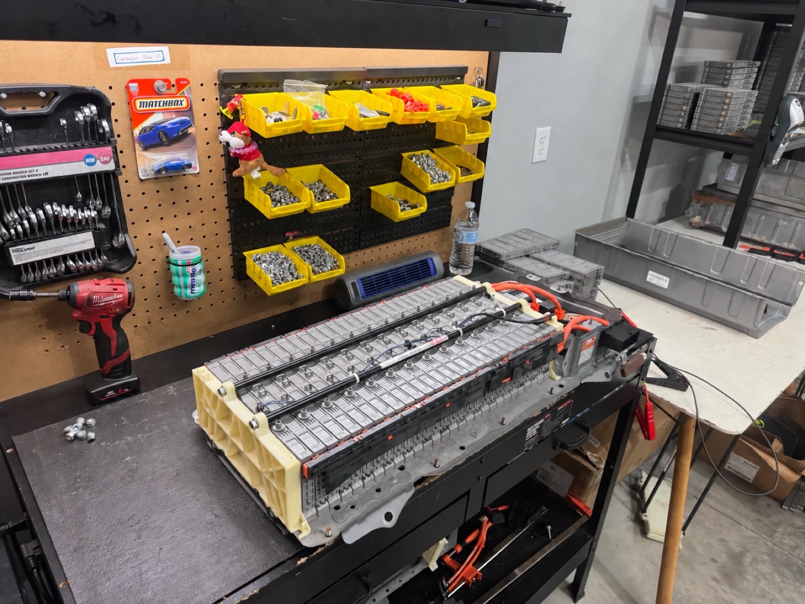 Battery pack being rebuilt on the workbench